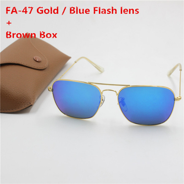 YXVAXL 1pcs Quality Men Women Fashion Rectangle Sunglasses Caravan Sun Glasses Gold Frame Blue Flash Mirror 58mm Glass Lenses With Cases