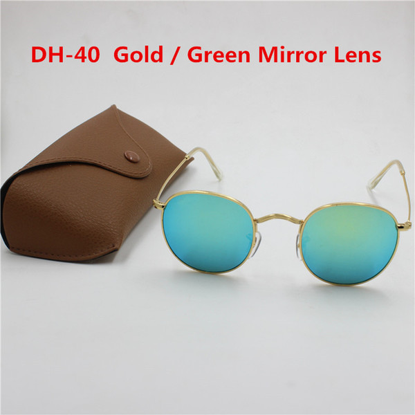 YXVAXL High Quality Fashion Round Sunglasses Mens Womens Designer Brand Sun Glasses Gold Metal Green Flash 50mm Glass Lens Better Brown Box