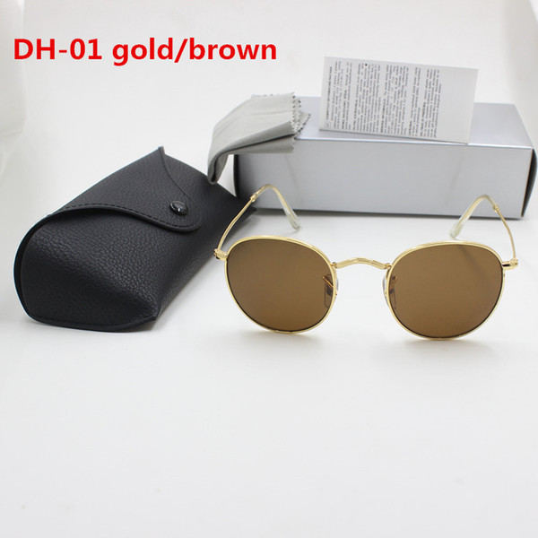 High Quality Fashion Round Sunglasses Mens Womens Designer YXVAXL Brand Sun Glasses Gold Metal Brown Dark 50mm Glass Lenses Better Black Box