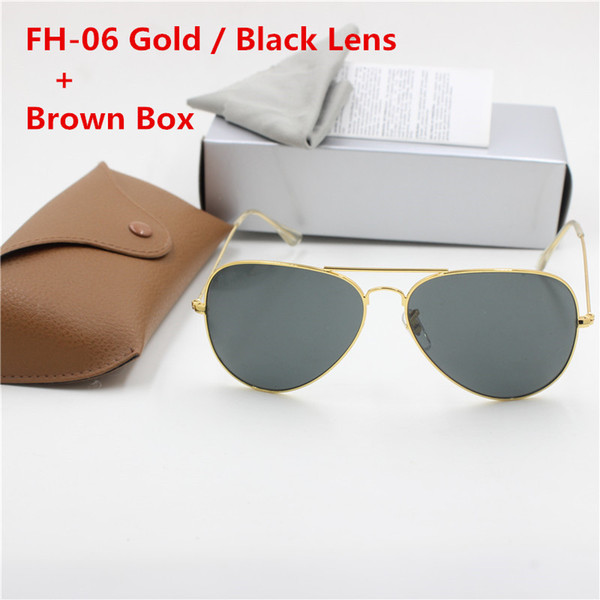 YXVAXL New high quality fashion designer pilot brand eye protection sunglasses golden frame black glass 58mm lens UV400 protection brown box