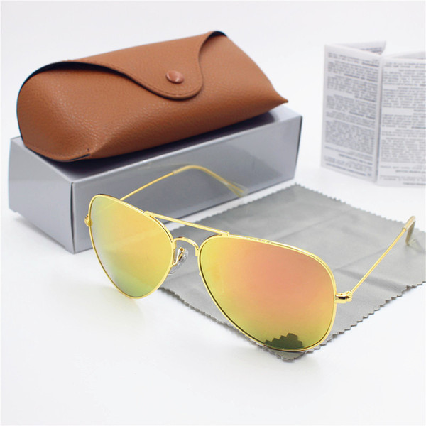 YXVAXL 1pcs high quality fashion men and women retro sunglasses driver brand sunglasses gold frame Pink flash glass lens UV400 Brown case