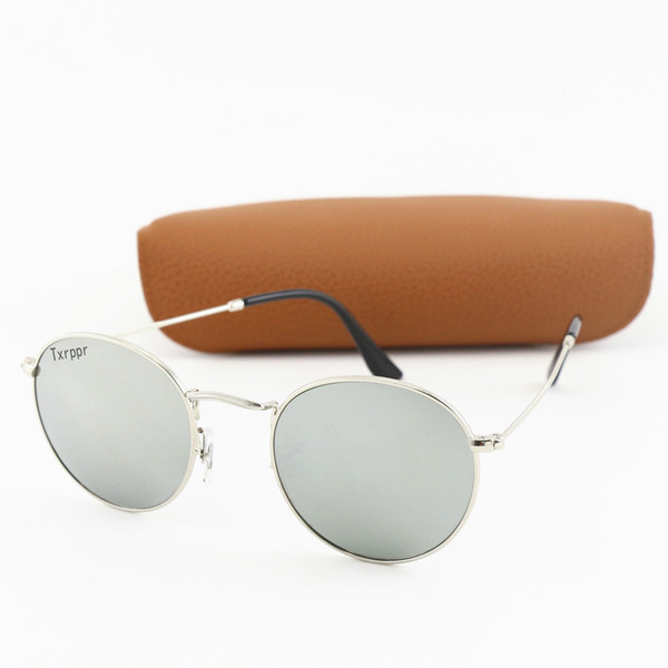 Hot Selling Round Sunglasses Men Women Eyewear Sun Glasses Brand Designer Silver Metal Frame Mirror uv400 Lenses With Brown Cases and box