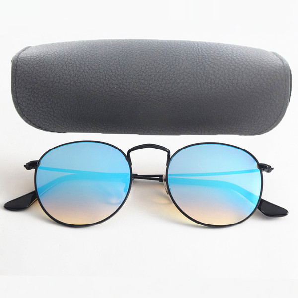 Top Quality Round Men UV400 Driving Sunglasses Beach Sun glasses Classic Black Frame Blue gradient Mirror Flash Gradient 50mm with box lens