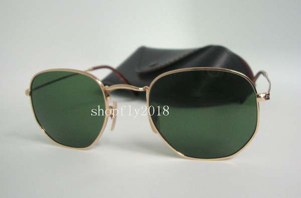 1Pair High Quality Hexagonal Metal Sunglasses For Mens Womens Irregular Sun Glasses Gold Green 51mm Glass Lens With Black Case