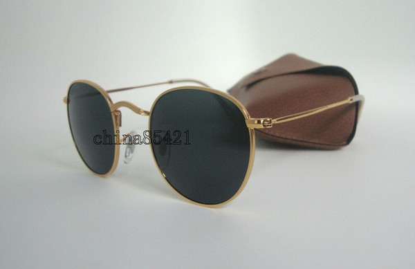 1Pair High Quality Round Metal Sunglasses For Mens Women Sun glasses Gold Frame Black Glass Lens 50MM With Box Case