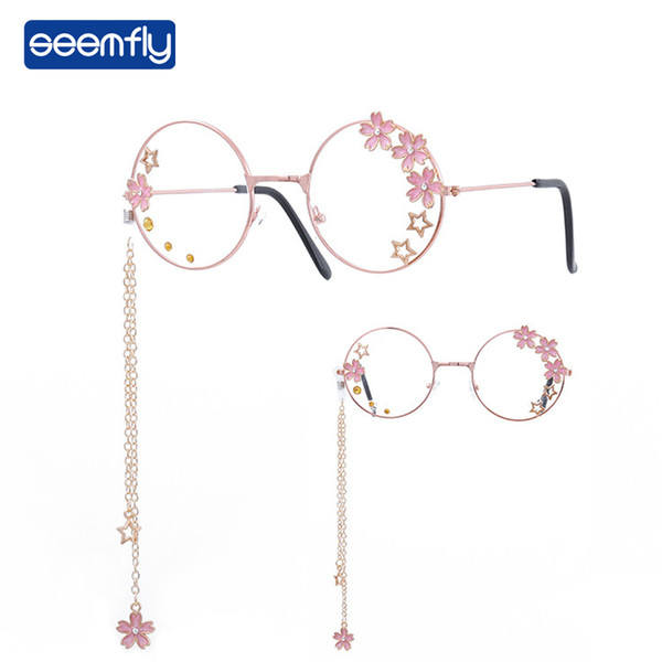 Seemfly Women Glasses Frames Sakura Star Pendant Glasses Clear Lens Metal Frame Designer New Decorative