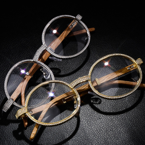 Hip Hop Luxury Design Iced Out Metal Frame Wooden Glasses Gold Silver Plated Glasses for Men Women