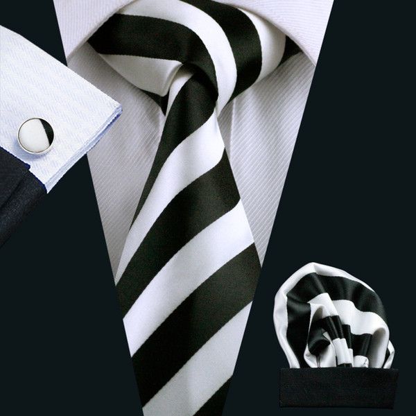 Mens Tie Set Hanky Cufflinks Black White Stripe Mens Tie Set Silk Jacquard Woven Classic Necktie N-0276