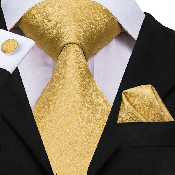 HI-TIE Brand Luxury Golden Tie Hanky Cufflinks Sets Men's Silk Jacquard Woven Ties for men Formal Wedding Party Groom N-3053