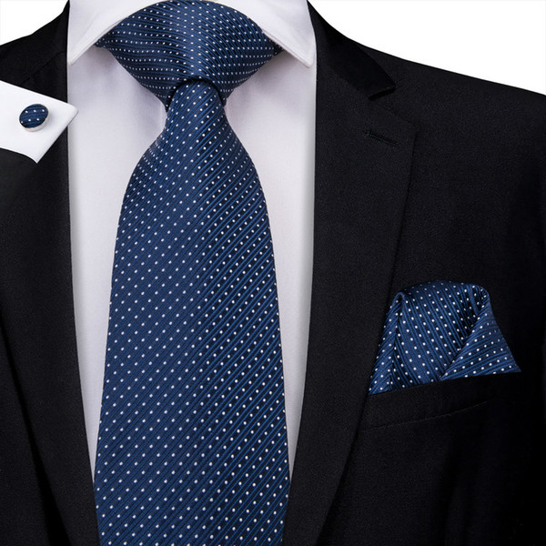 Hi-Tie Neck Tie Set Italian Silk Navy White Dot Stripe Men's Tie for Business Formal Free Drop Shipping N-3226