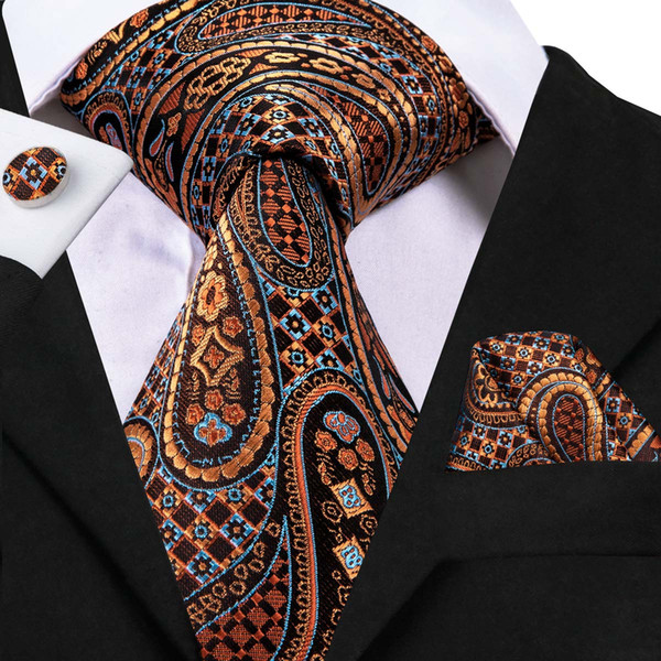 Hi-Tie 100% Silk Men's Classic Paisley Plaid Necktie Hanky Cufflinks Set for Men Classic Wedding Tie Set N-3078