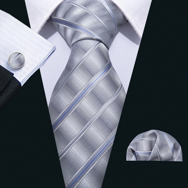 Hi-Tie Neck Tie Set Wholesale 100 Sik Plaid Striped Gray Blue Men's Ties and Hanky Sets Business Formal Free Drop Shipping N-5034