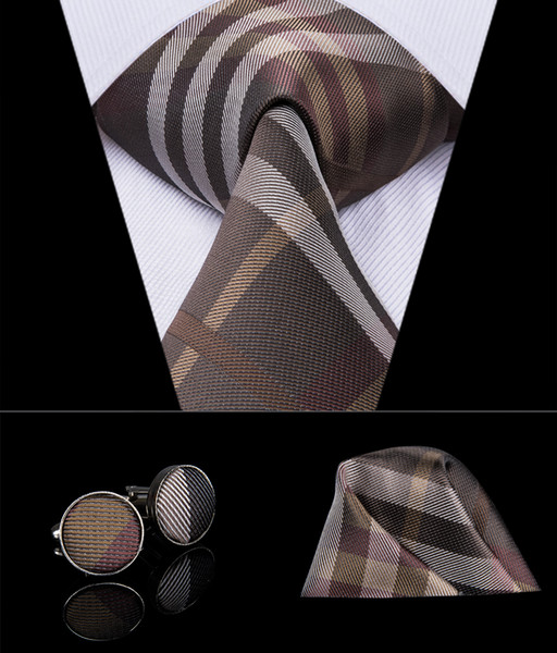 HI-TIE Fashion Brown White Plaid Gravata Silk Jacquard Woven Tie Handkerchief Cufflinks Set For Men Wedding Party Groom N-3014