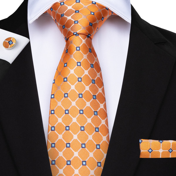 Hi-Tie Orange Plaid Mens Tie 100% Silk Jacquard Woven Handmade Necktie Business Weeding Party Tie Pocket Square Cufflinks N-7166