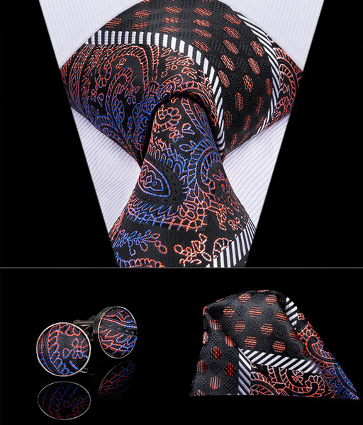 Hi-Tie New Fashion Folral Tie Silk Neckties for Men Jacquard Wowen Luxury Tie Handkerchief Cufflinks Set Business Wedding Tie Set N-3004