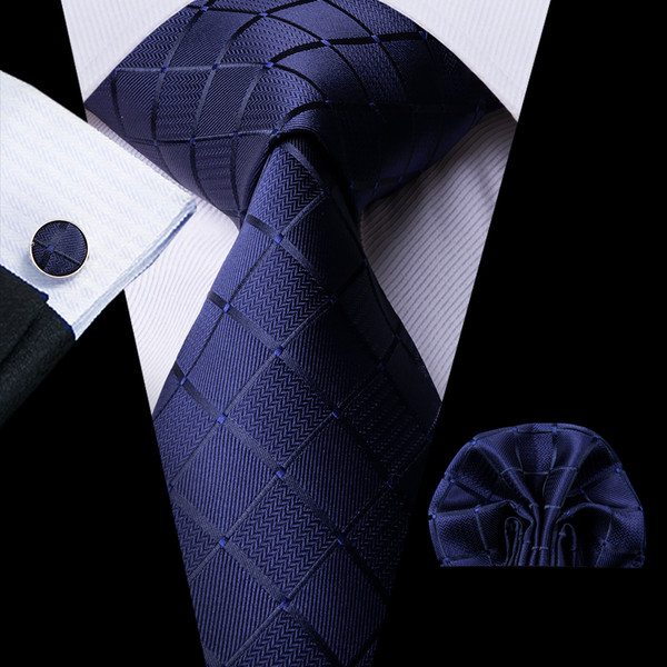 Hi-Tie New Blue Plaid Tie 100% Silk Mens Necktie Jacquard Wowen Tie handkerchiefs Cufflinks Set for Business Wedding Party N-1656