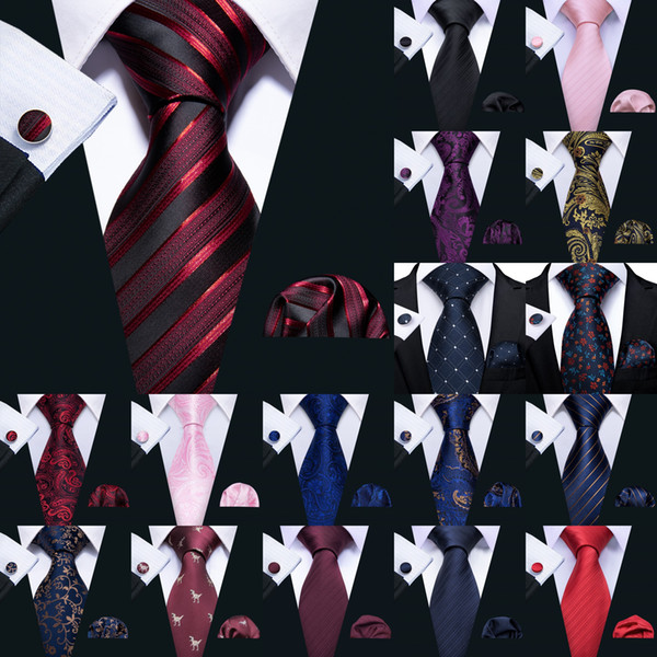 Fashion Red Black Blue Pink Silk Tie Set Wholesale Necktie Hanky Cufflinks Classic Silk Jacquard Woven Men's Tie Set Wedding Business