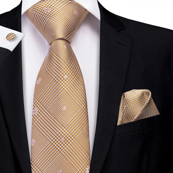 Hi-Tie Neck Tie Set Wholesale Brown Yellow Dotted Flower Mens Silk Ties Set Free Drop Shipping N-3221