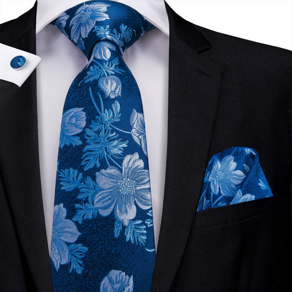 Hi-Tie Neck Tie Set Wholesale Mens Silk Floral Navy Blue Tie and Pocket Square Free Drop Shipping N-3239