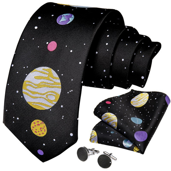 Hi-Tie Neck Tie Set Novelty Jacquard Celestial Body Geometric Silk Black Tie for Man Free Drop Shipping N-7345