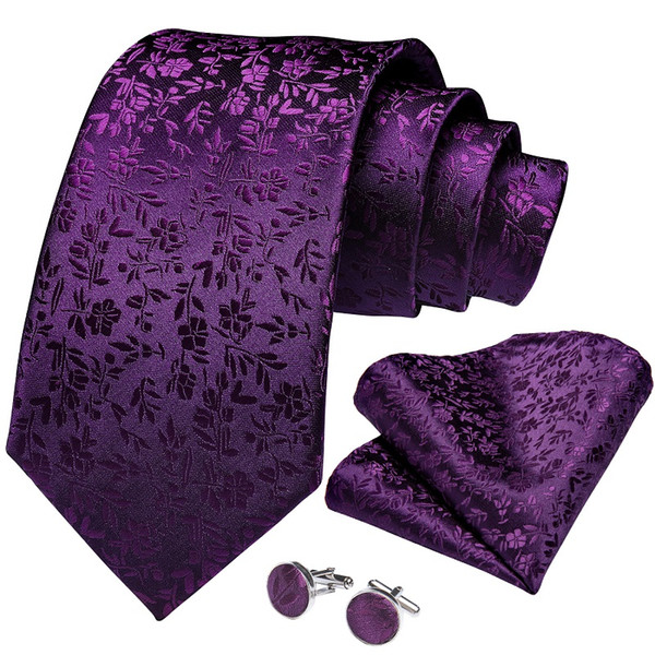 Hi-Tie Neck Tie Set Ready Made Mens Pure Silk Purple Floral Necktie Set Free Drop Shipping N-7267