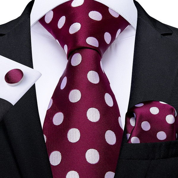 Hi-Tie Neck Tie Set Classical Polka Dots White Burgundy Silk Tie for Men Free Drop Shipping N-7332