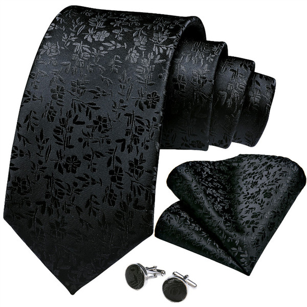 Hi-Tie Neck Tie Set Custom Made Logo Silk Floral Black Necktie Set for Men Free Drop Shipping N-7273