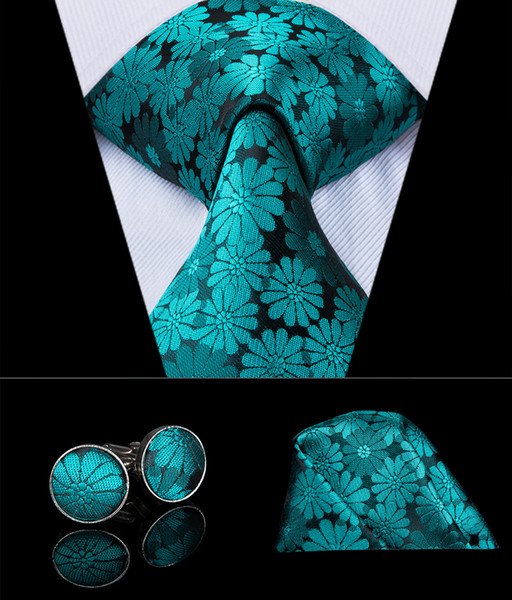 Hi-Tie Men Silk Green Floral Ties for Men Luxury Floral Green Business Tie and Pocket Square Cufflinks Set Men's Gift Tie N-3003