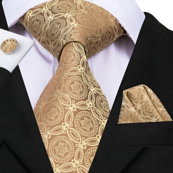 HI-TIE Classic Yellow Pattern Silk Mens Tie Set For Business Wedding Formal Suit Neck Tie Handkerchief Cufflinks Necktie Set N-3086