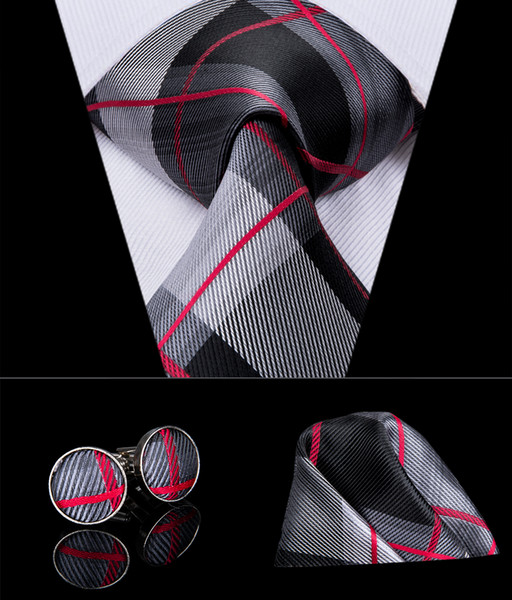 HI-TIE New Style Fashion! Plaid Tie Jacquard Wowen Classic Silk Tie Handkerchief Cufflinks Set Business Party Wedding Tie Set N-3012