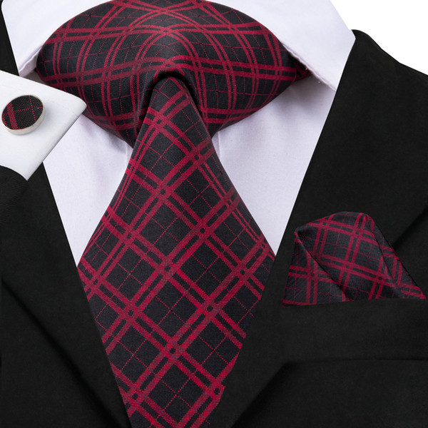 HI-TIE High Quality Silk Mens Ties Red Black Plaid Ties for Men Silk Tie for Formal ShirtWedding Party Business N-3011