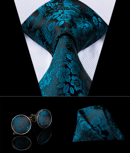 Hi-Tie Famous Brand Classic Style Black Necktie Set For Man 100% Silk Floral Tie pocket Square Cufflinks Set N-3020