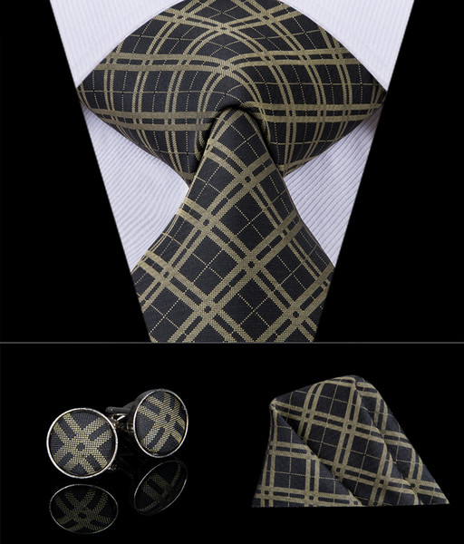 HI-TIE Classic Golden Black Plaid Mens Ties for Men Wedding Party Business Tie Handkerchiefs Cufflinks Set N-3010