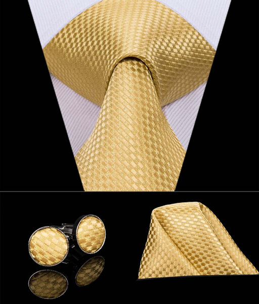 HI-TIE New Arrival Golden Mens Tie Hanky Cufflinks Sets Mens Ties Silk Tie Set For Party Business Wedding Ties N-3055