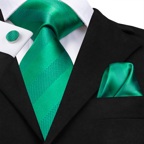 Hi-Tie Classic Green Tie Sets Hanky Cufflinks Stripe 100% Silk Neckties Formal Causal Wedding Party N-3132