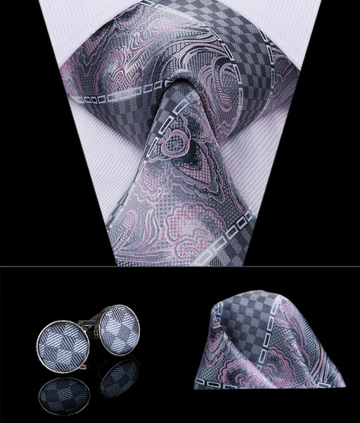 Hi-Tie Classic Floral Stripe Jacquard Woven Silk Ties for Mens Grey Necktie Pocket Square Cufflinks Set Mens Ties N-3029