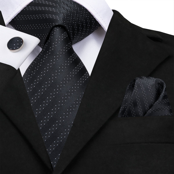 Hi-Tie Black Stripe Necktie Set White Dot 100% Silk Ties for Formal Mens Formal Business Suit Wedding Party N-3127