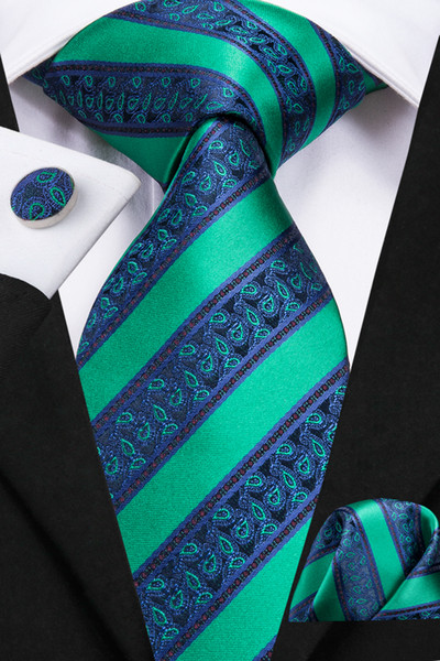 Hi-Tie Fashion Green Striped Tie Blue Floral High Quality Silk Jacquard Tie Hanky Cufflinks Set for Mens Wedding Party N-3131