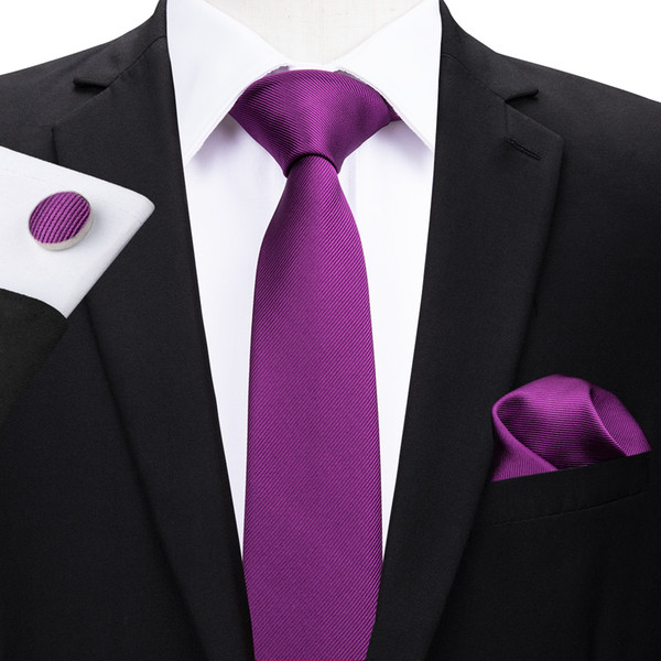 Hi-Tie Classic Solid Neckwear Purple Wedding Slim Tie Male Mariage Skinny Necktie Tie Hanky Cufflinks Set For Men Wedding Party Groom N-310