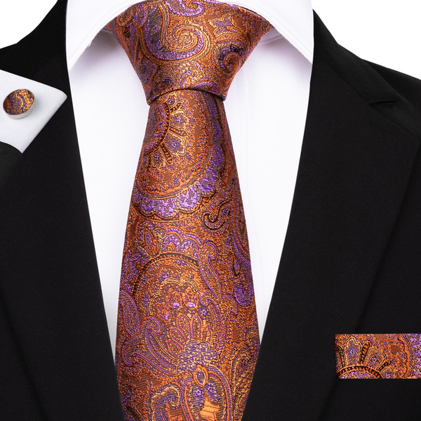 Hi-Tie Gold Purple Mix Floral Necktie Set Hankerchief Cufflinks Jacquard Woven Mens tie Set Formal Meeting Wedding N-7109