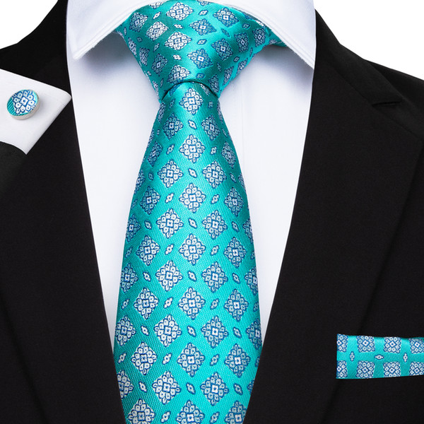 Hi-Tie Cyan Floral Mens Tie 100% Silk Jacquard Woven Handmade Necktie Business Weeding Party Tie Pocket Square Cufflinks N-7165