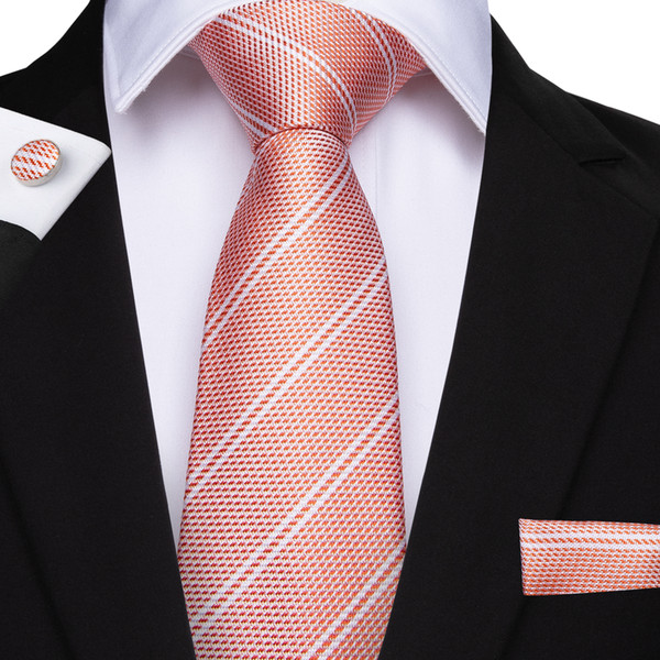 Hi-Tie High Quality Necktie Set Fashion Orange Red Stripe Ties For Mens Business Luxury Wedding Party N-7098