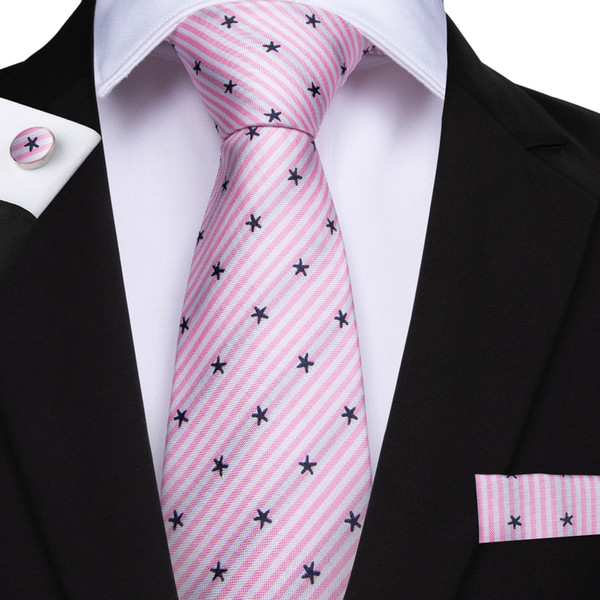 Hi-Tie Star Pattern Necktie 100% Silk Men's Pink Tie Classic Party Wedding Tie Hanky Cufflinks Pocket Square Set N-7155