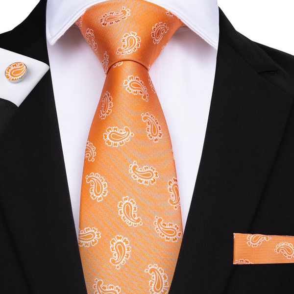 Hi-Tie Orange Floral Mens Tie 100% Silk Jacquard Woven Handmade Necktie Business Weeding Party Tie Pocket Square Cufflinks N-7120