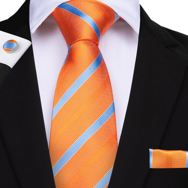 Hi-Tie Fashion Necktie set 100% Silk Orange Stripe Ties for Mens Formal Business Luxury Wedding Party N-7104