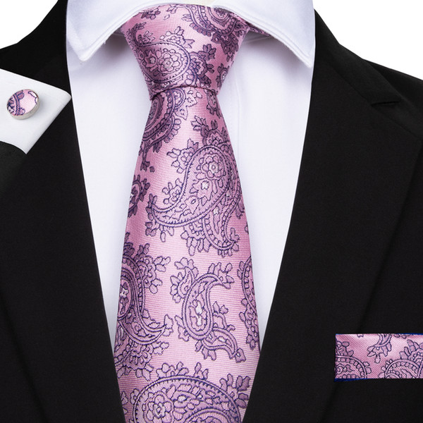 Hi-Tie Pink Tie Floral Flower Mens Tie Hankerchief Cufflinks Set Sky Silk Business Casual Party Necktie Jacquard Woven N-7113