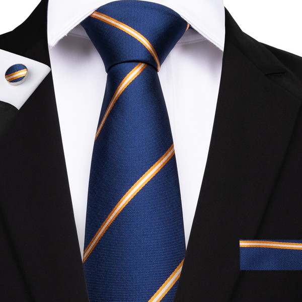 Hi-Tie Classic Men's Stripe Tie Set Fashion Blue Ties Necktie Hanky Cufflinks For Suit Formal Business Casual SuitN-7093