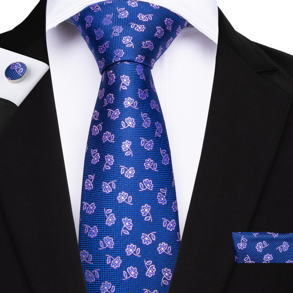 Hi-Tie Classic Blue Ties With Flowers Hanky Cufflinks Tie Sets Silk Ties Formal Wedding Party Business Tie Sets N-7162