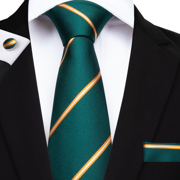 Hi-Tie Classic Men's Stripe Tie Set Fashion Green Ties Necktie Hanky Cufflinks For Suit Formal Business Casual SuitN-7094