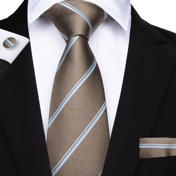 Hi-Tie Classic Men's Stripe Tie Set Fashion Light Brown Ties Necktie Hanky Cufflinks For Formal Business Suit N-7091